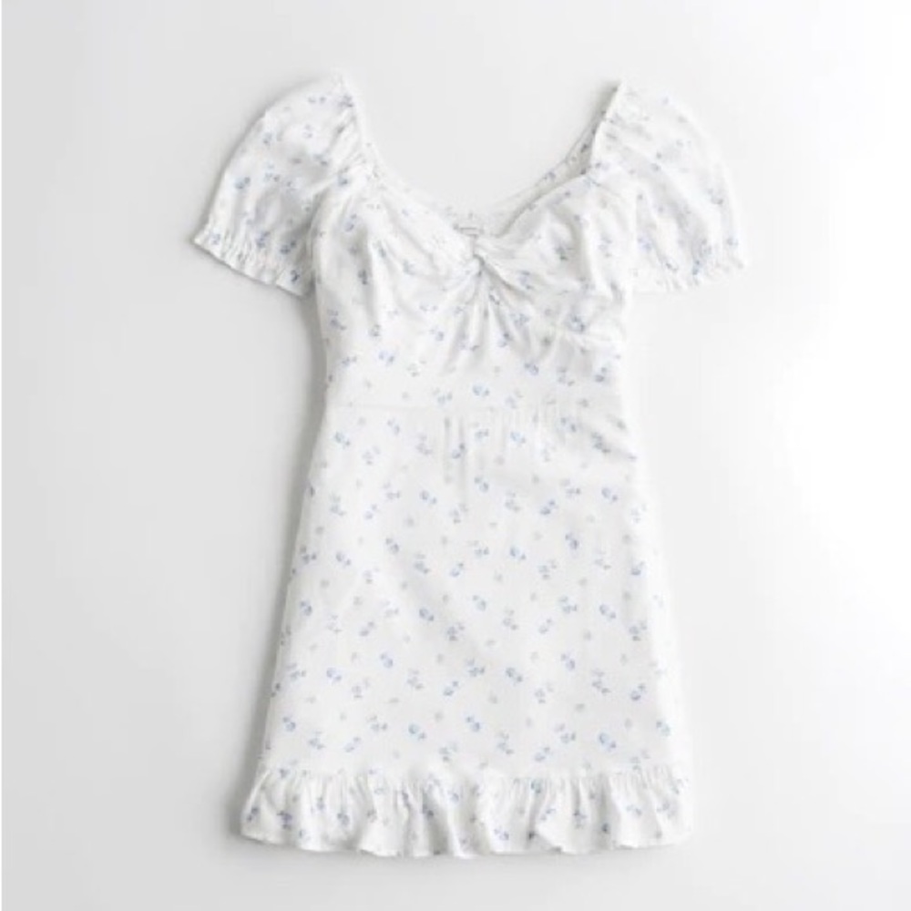 Hollister White Blue Floral Twist-Front Puff Sleeve Dress